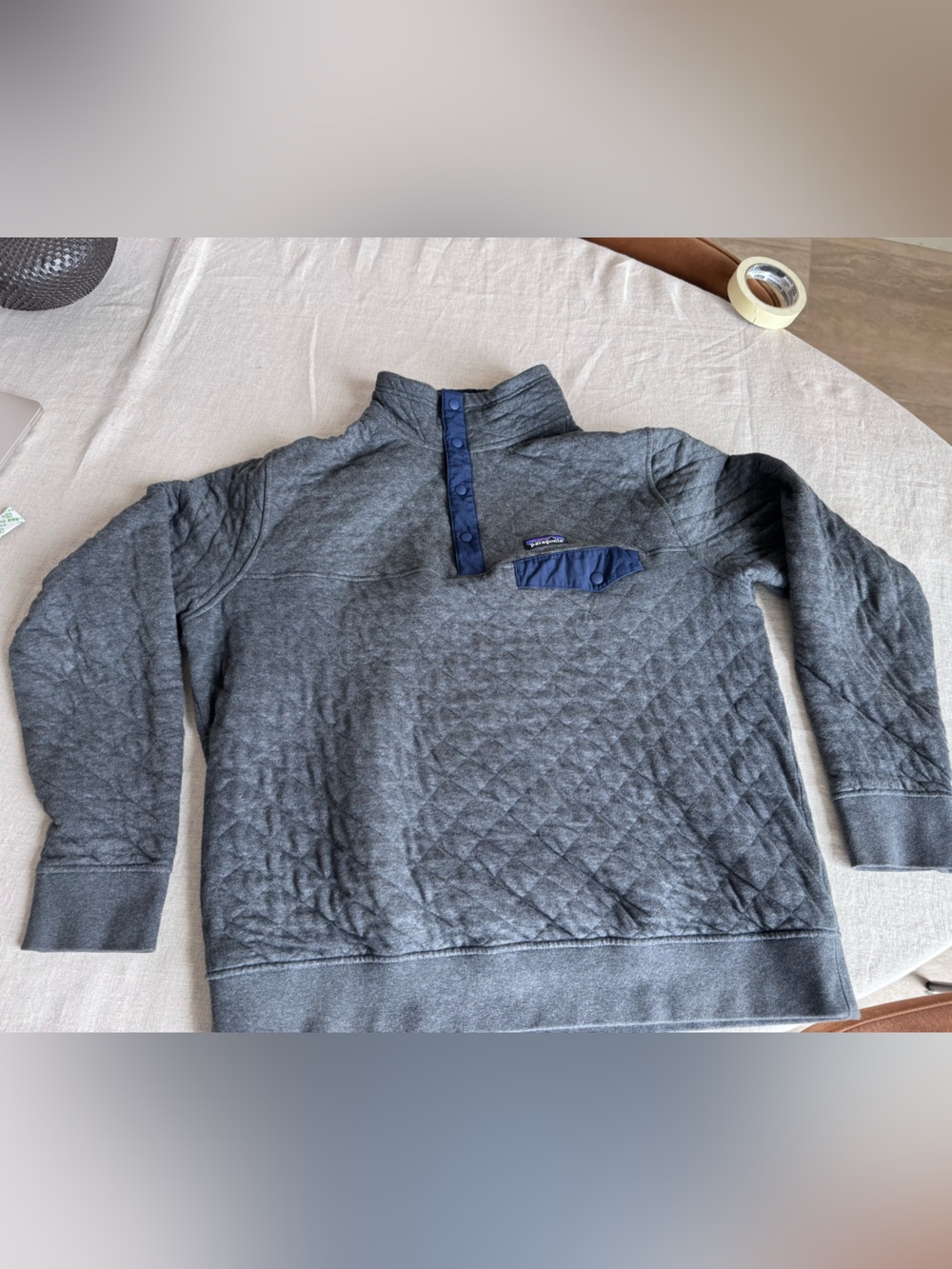Patagonia Men's Quilted Crewneck Sweater - Charcoal Gray with Navy Accents